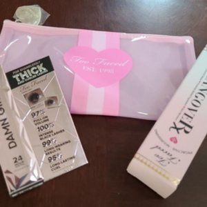 NEW Too Faced Core Makeup Bag w/ Gold Zipper Damn Girl Mascara, Hangover Primer
